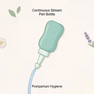 An illustration of a postpartum care recovery device, specifically an ergonomic peri wash bottle with a gentle spray nozzle.