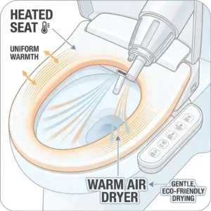 Heated seat and warm air dryer diagram for a premium bidet with feminine wash function.