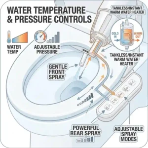 Water pressure and temperature controls on a premium bidet with feminine wash function.
