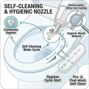 Self-cleaning hygienic nozzle system of a premium bidet with feminine wash function.