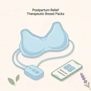 An illustration of a postpartum care recovery device, specifically contoured breast gel packs for comfortable therapeutic relief.