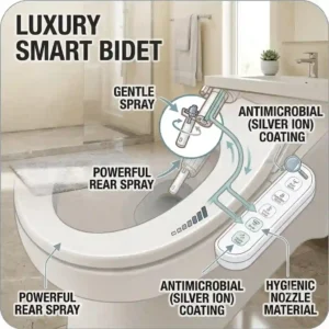Modern luxury bathroom setting featuring a premium bidet with feminine wash function.