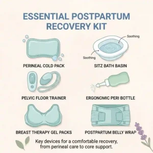 A comprehensive infographic showing an essential postpartum care recovery device kit, including tools for perineal care and core support.