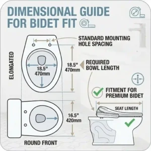 Dimensional guide and fitting chart for a premium bidet with feminine wash function.
